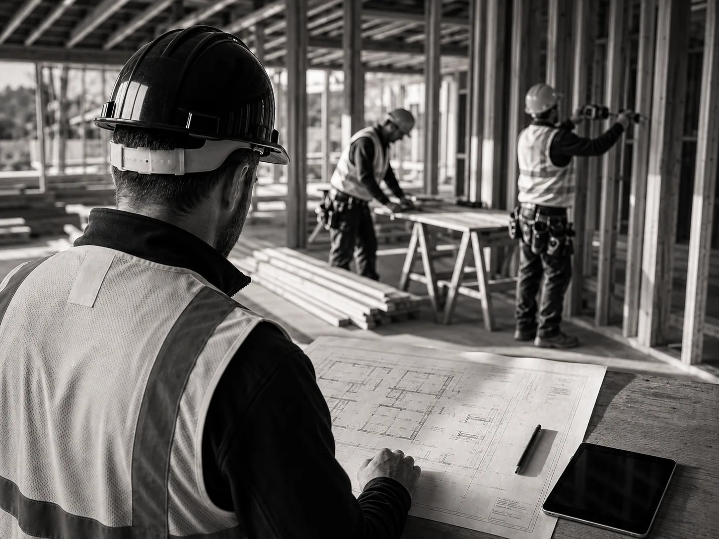 Foreman reviewing drawings while carpenters work in the background