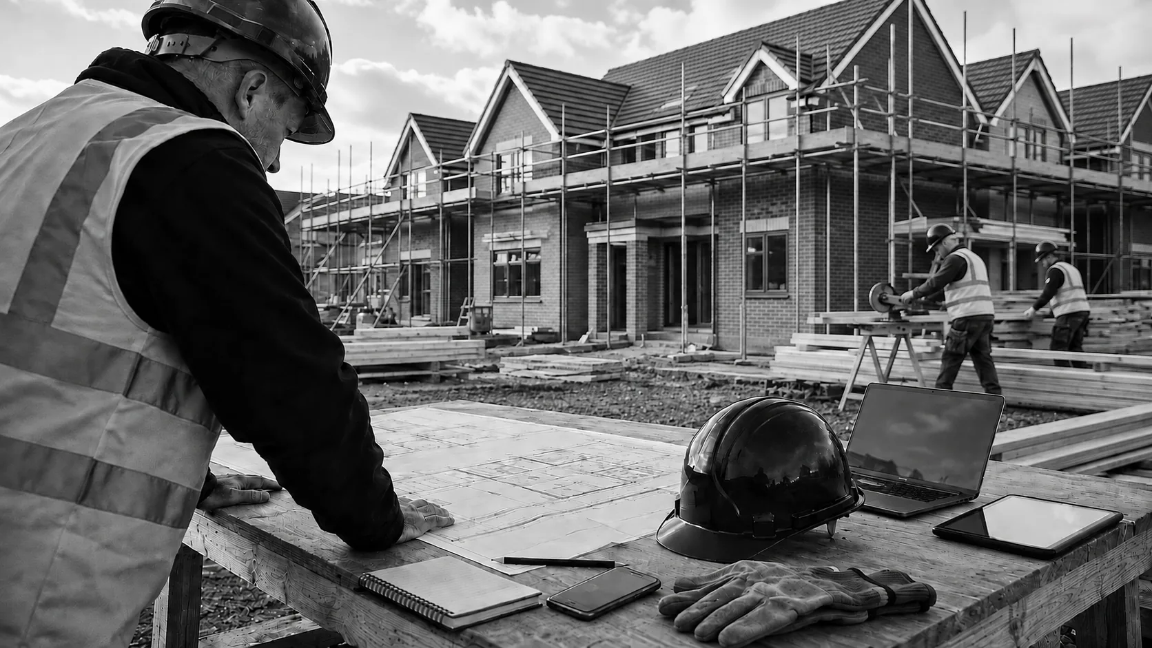Supervisor reviewing drawings with laptop, tablet, mobile phone, gloves and notebook on a site table while carpenters work in front of a scaffolded housing development